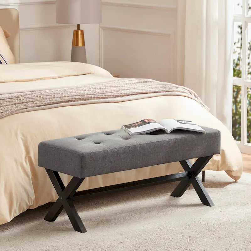 Banc d'entrée en tissu beige/gris/blanc avec pieds en X, 89 cm