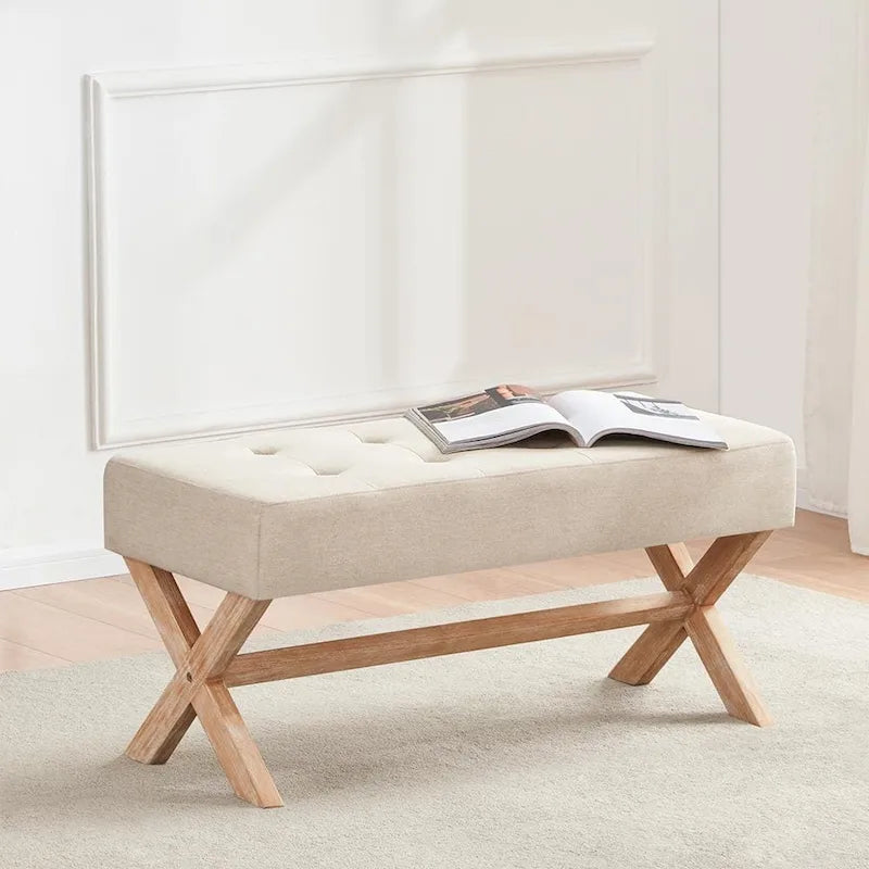 Banc d'entrée en tissu beige/gris/blanc avec pieds en X, 89 cm