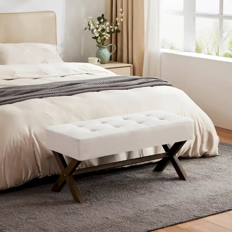 Banc d'entrée en tissu beige/gris/blanc avec pieds en X, 89 cm
