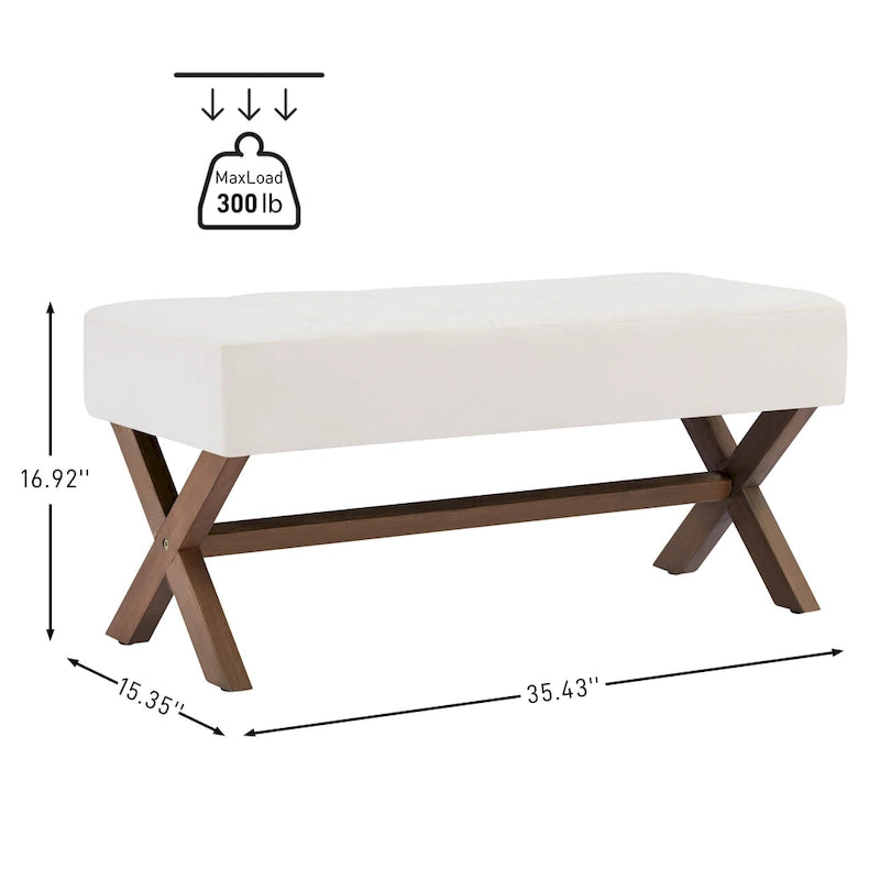 Banc d'entrée en tissu beige/gris/blanc avec pieds en X, 89 cm