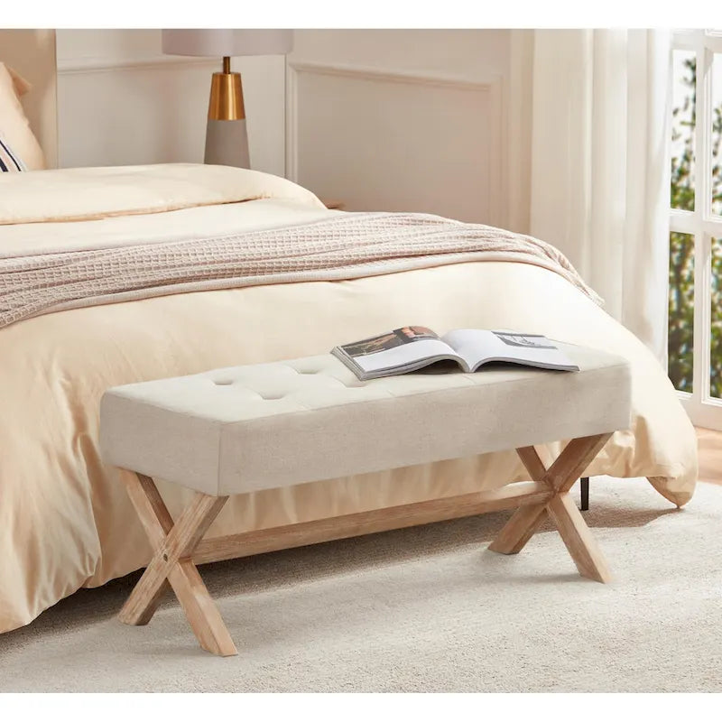 Banc d'entrée en tissu beige/gris/blanc avec pieds en X, 89 cm