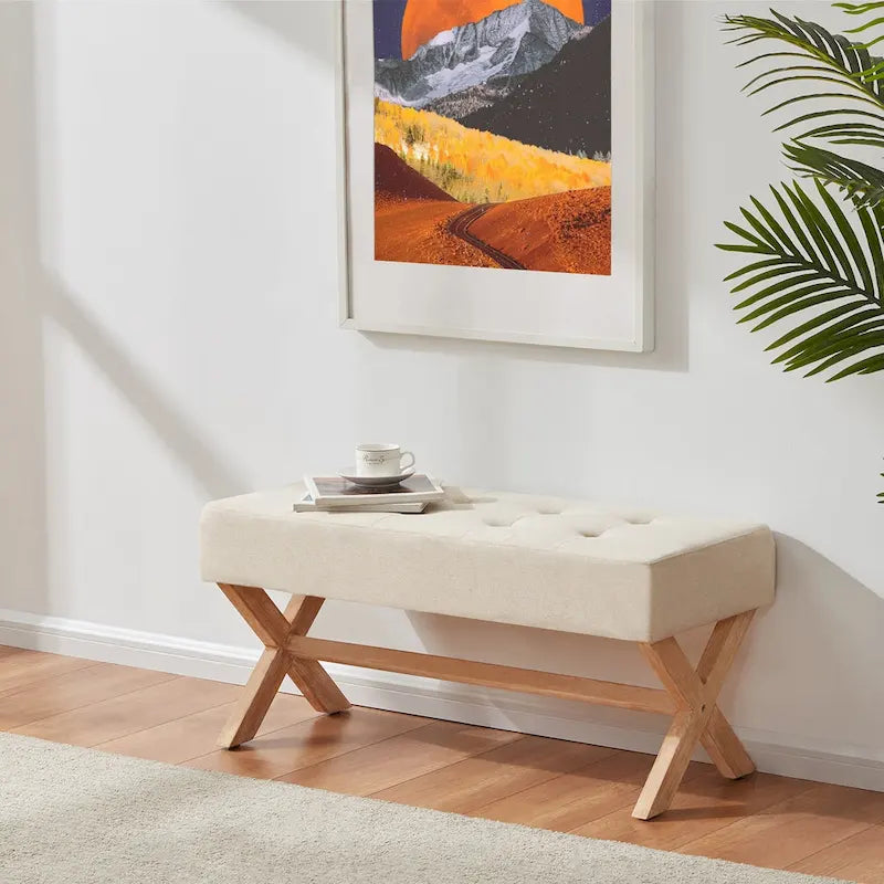 Banc d'entrée en tissu beige/gris/blanc avec pieds en X, 89 cm