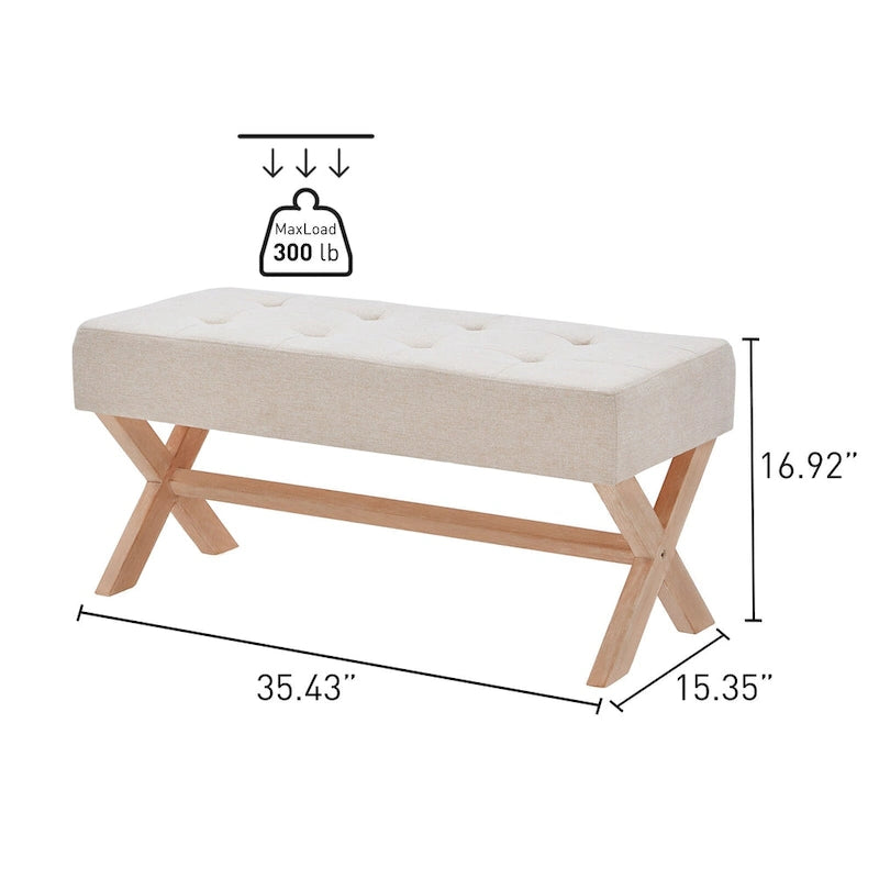 Banc d'entrée en tissu beige/gris/blanc avec pieds en X, 89 cm