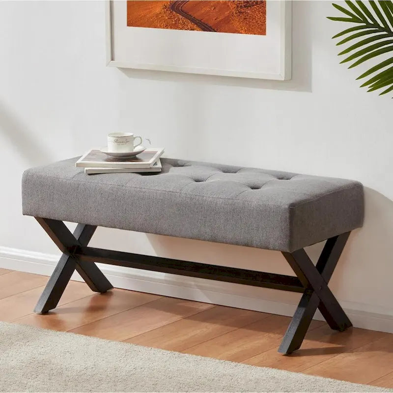Banc d'entrée en tissu beige/gris/blanc avec pieds en X, 89 cm