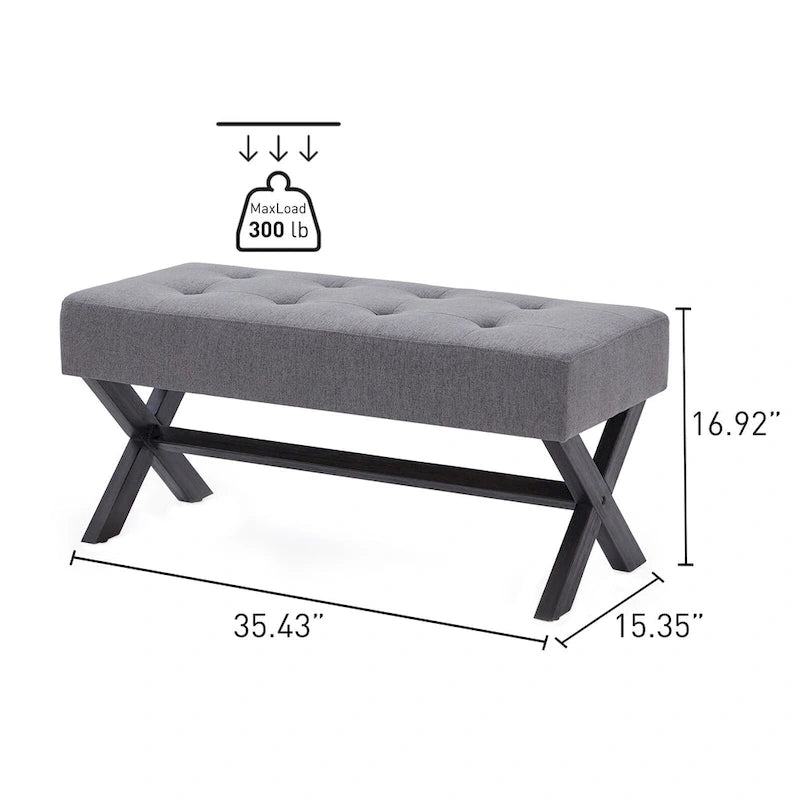 Banc d'entrée en tissu beige/gris/blanc avec pieds en X, 89 cm