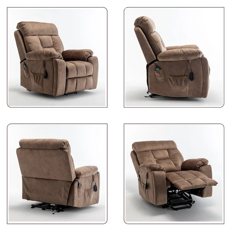 Grand fauteuil inclinable de massage électrique avec fonction de levage, chauffage et porte-gobelet dissimulé