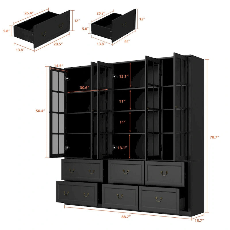 78,7 Meuble de rangement Combo Buffet Bibliothèque Vitrine en verre