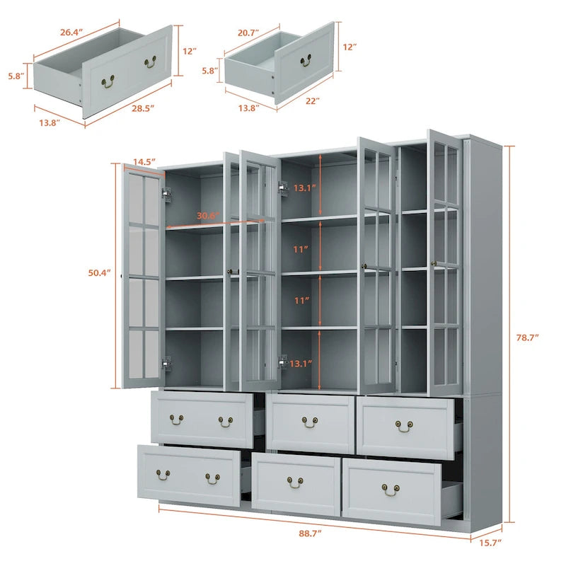 78,7 Meuble de rangement Combo Buffet Bibliothèque Vitrine en verre