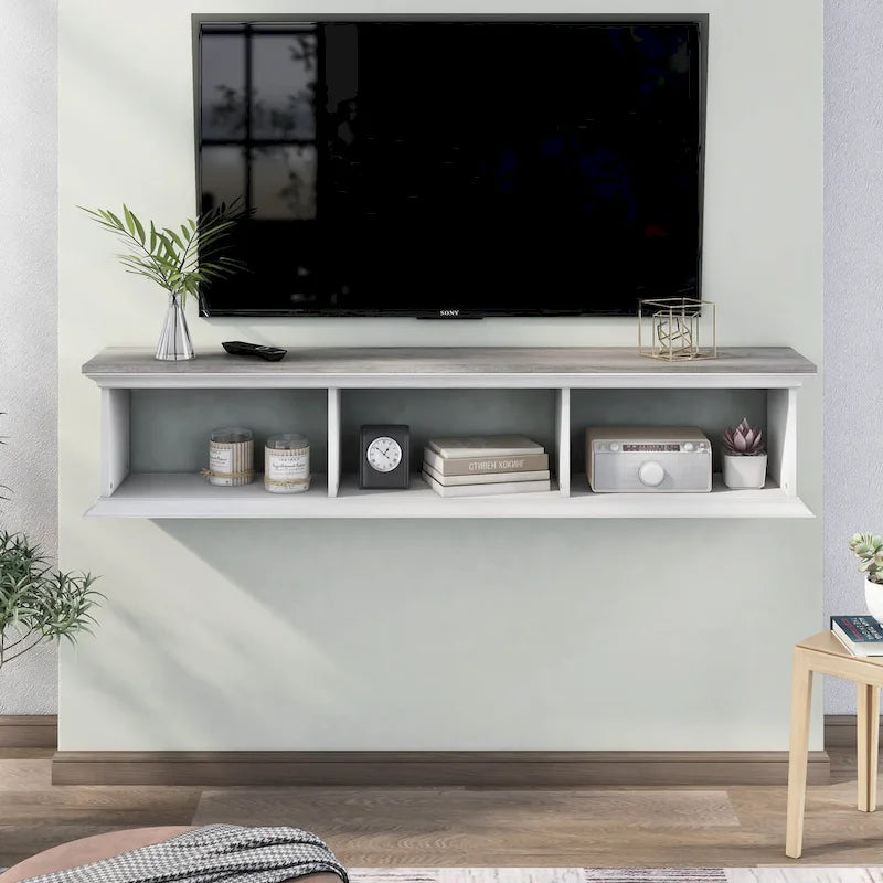 Meuble TV flottant Denhour DH BASIC blanc transitionnel 63 pouces à 3 étagères