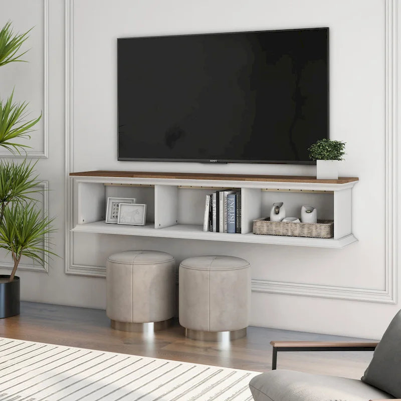 Meuble TV flottant Denhour DH BASIC blanc transitionnel 63 pouces à 3 étagères