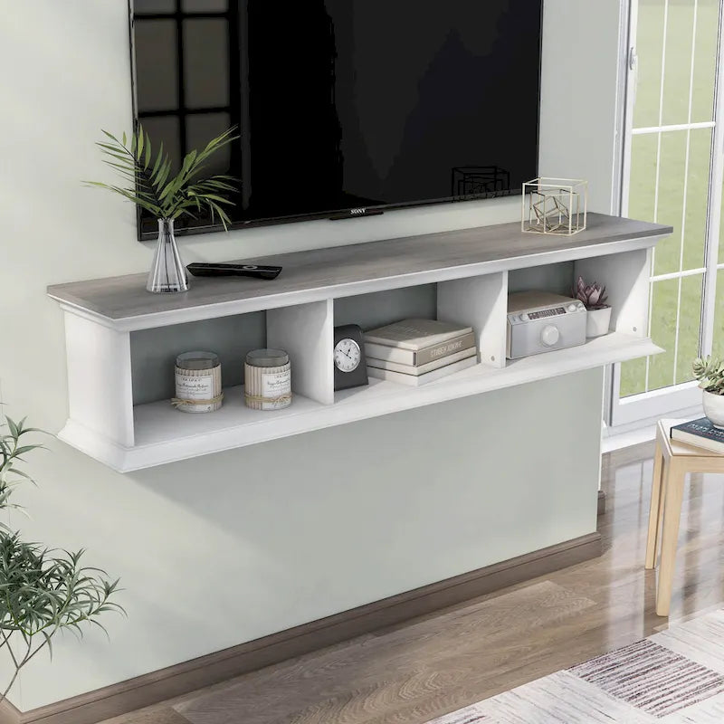 Meuble TV flottant Denhour DH BASIC blanc transitionnel 63 pouces à 3 étagères