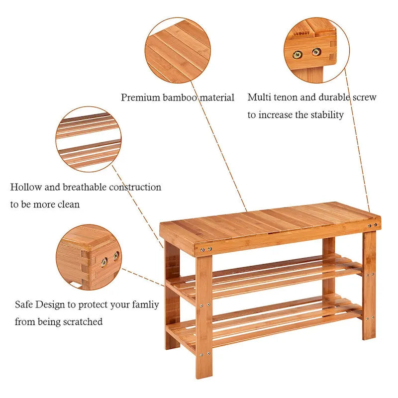 Banc Porte-Chaussures en Bambou à 3 Niveaux Étagère de Rangement pour Chaussures