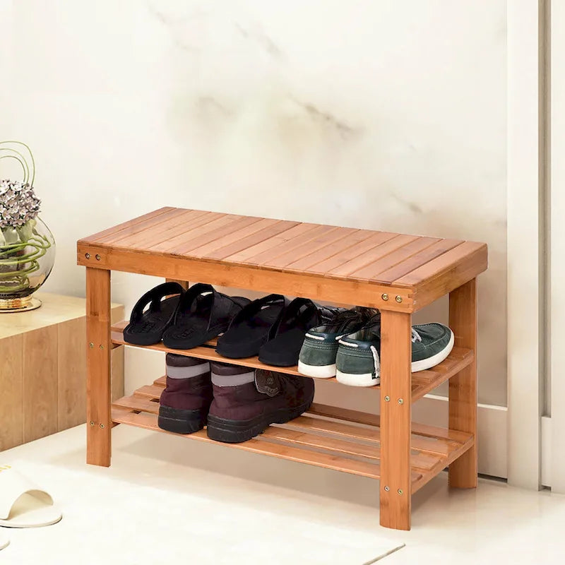 Banc Porte-Chaussures en Bambou à 3 Niveaux Étagère de Rangement pour Chaussures