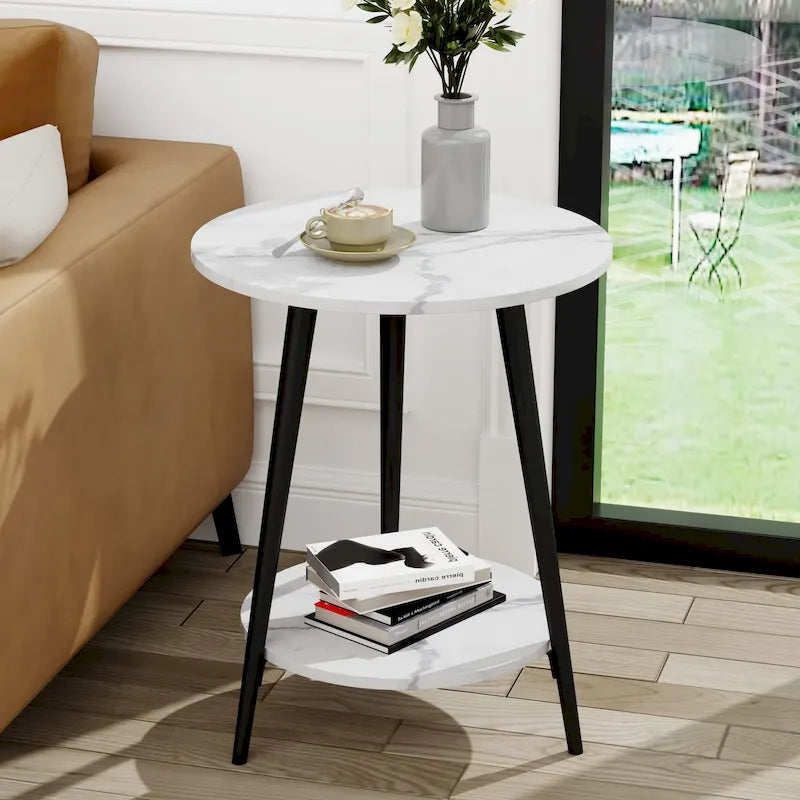 Table d'appoint ronde moderne blanche pour salon chambre à coucher, table de chevet avec plateau en faux marbre à 2 niveaux
