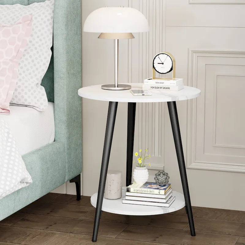 Table d'appoint ronde moderne blanche pour salon chambre à coucher, table de chevet avec plateau en faux marbre à 2 niveaux