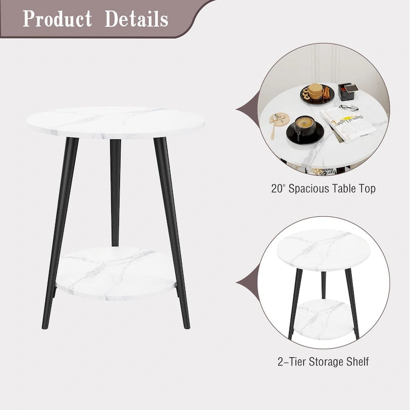 Table d'appoint ronde moderne blanche pour salon chambre à coucher, table de chevet avec plateau en faux marbre à 2 niveaux