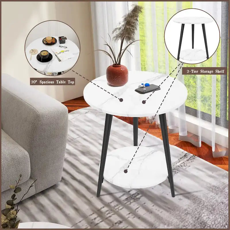 Table d'appoint ronde moderne blanche pour salon chambre à coucher, table de chevet avec plateau en faux marbre à 2 niveaux