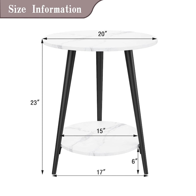 Table d'appoint ronde moderne blanche pour salon chambre à coucher, table de chevet avec plateau en faux marbre à 2 niveaux