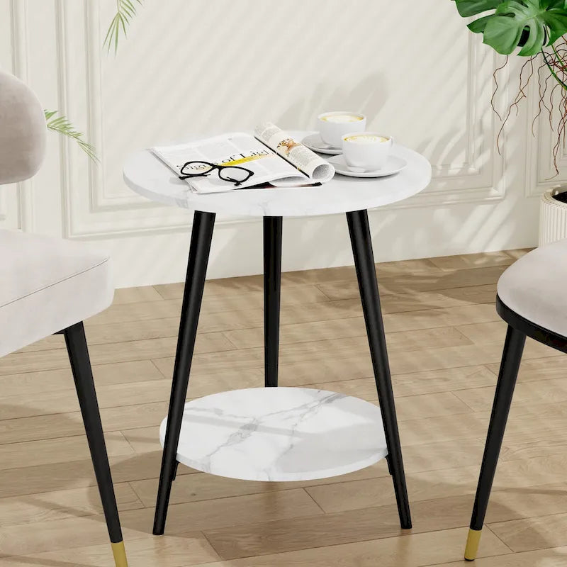 Table d'appoint ronde moderne blanche pour salon chambre à coucher, table de chevet avec plateau en faux marbre à 2 niveaux