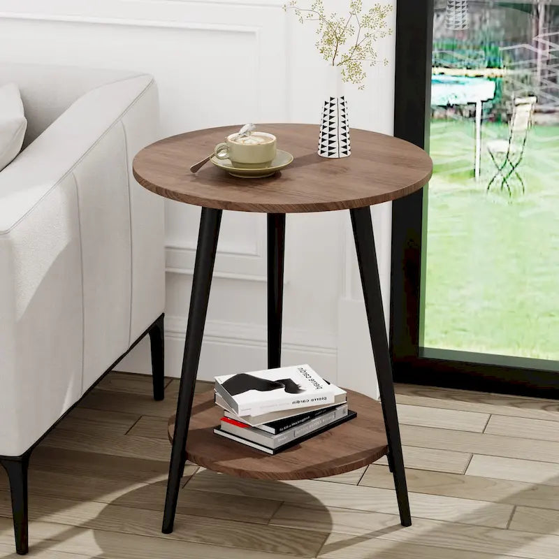 Table d'appoint ronde moderne blanche pour salon chambre à coucher, table de chevet avec plateau en faux marbre à 2 niveaux