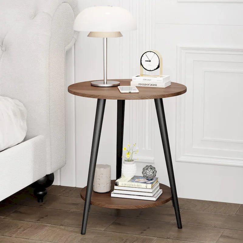 Table d'appoint ronde moderne blanche pour salon chambre à coucher, table de chevet avec plateau en faux marbre à 2 niveaux