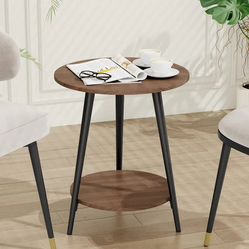 Table d'appoint ronde moderne blanche pour salon chambre à coucher, table de chevet avec plateau en faux marbre à 2 niveaux