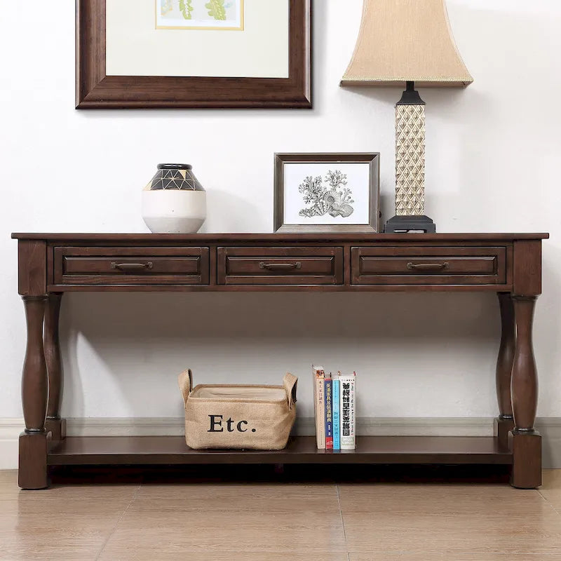 Console en bois de 160 cm de long avec 3 tiroirs et 1 étagère inférieure pour entrée/couloir Montage facile Table de canapé extra-épaisse