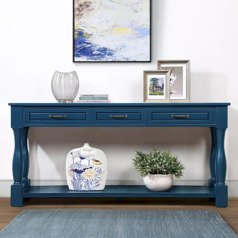 Console en bois de 160 cm de long avec 3 tiroirs et 1 étagère inférieure pour entrée/couloir Montage facile Table de canapé extra-épaisse