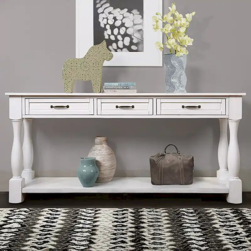 Console en bois de 160 cm de long avec 3 tiroirs et 1 étagère inférieure pour entrée/couloir Montage facile Table de canapé extra-épaisse