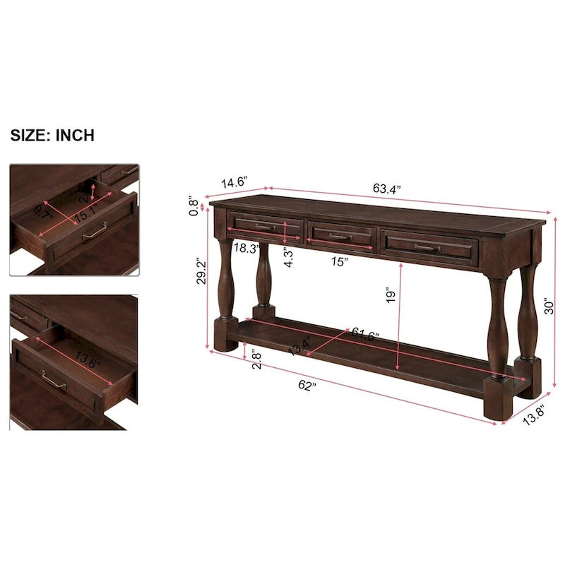 Console en bois de 160 cm de long avec 3 tiroirs et 1 étagère inférieure pour entrée/couloir Montage facile Table de canapé extra-épaisse
