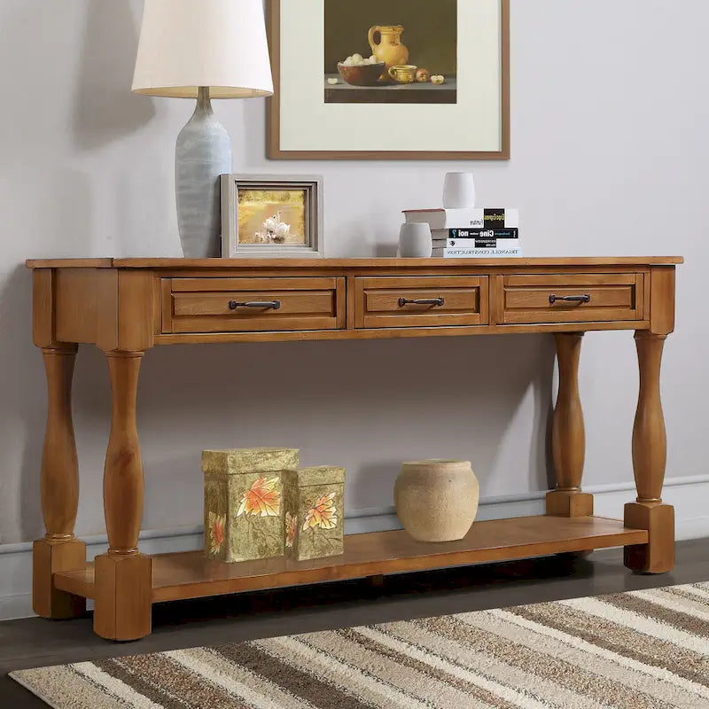 Console en bois de 160 cm de long avec 3 tiroirs et 1 étagère inférieure pour entrée/couloir Montage facile Table de canapé extra-épaisse