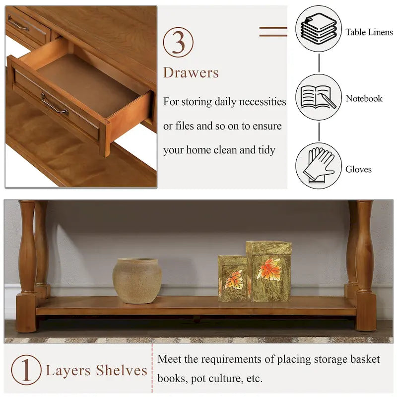 Console en bois de 160 cm de long avec 3 tiroirs et 1 étagère inférieure pour entrée/couloir Montage facile Table de canapé extra-épaisse