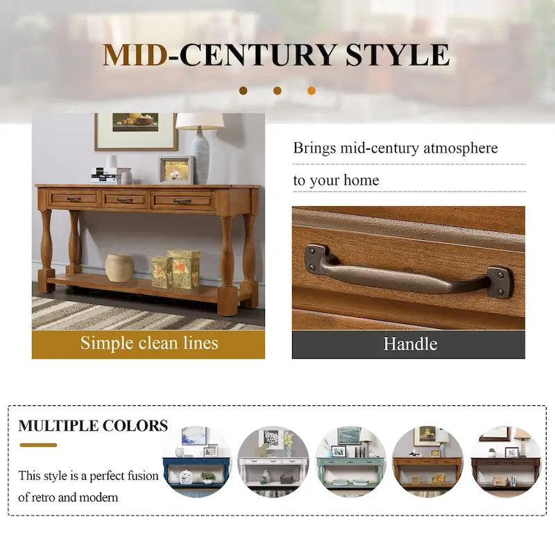 Console en bois de 160 cm de long avec 3 tiroirs et 1 étagère inférieure pour entrée/couloir Montage facile Table de canapé extra-épaisse