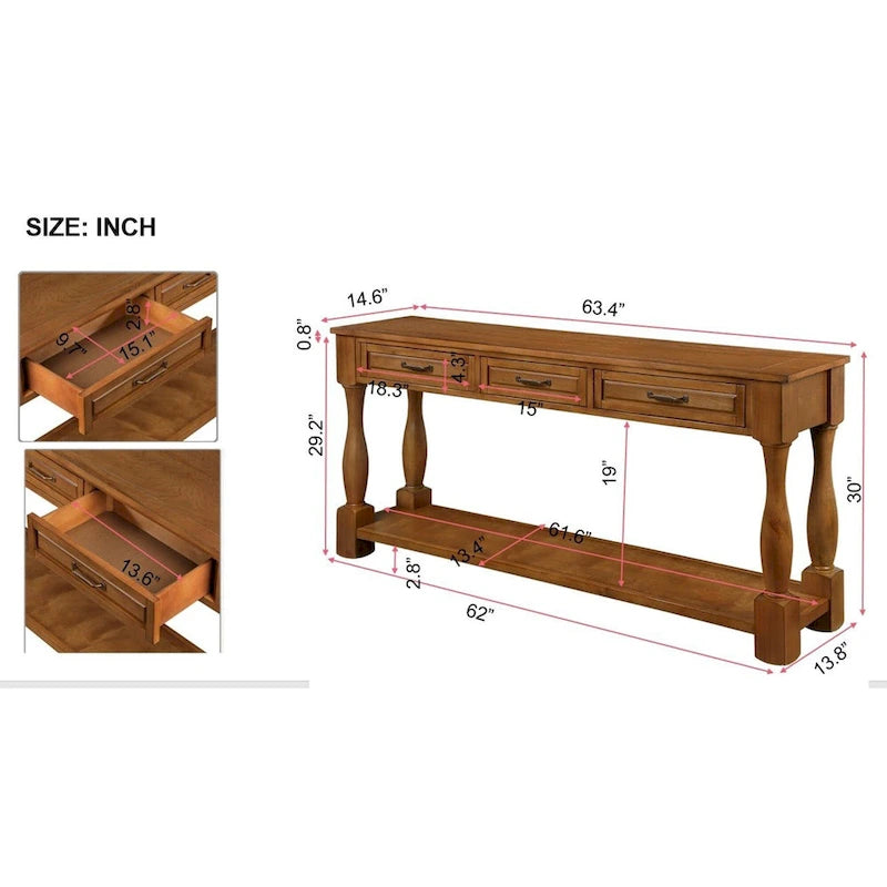 Console en bois de 160 cm de long avec 3 tiroirs et 1 étagère inférieure pour entrée/couloir Montage facile Table de canapé extra-épaisse