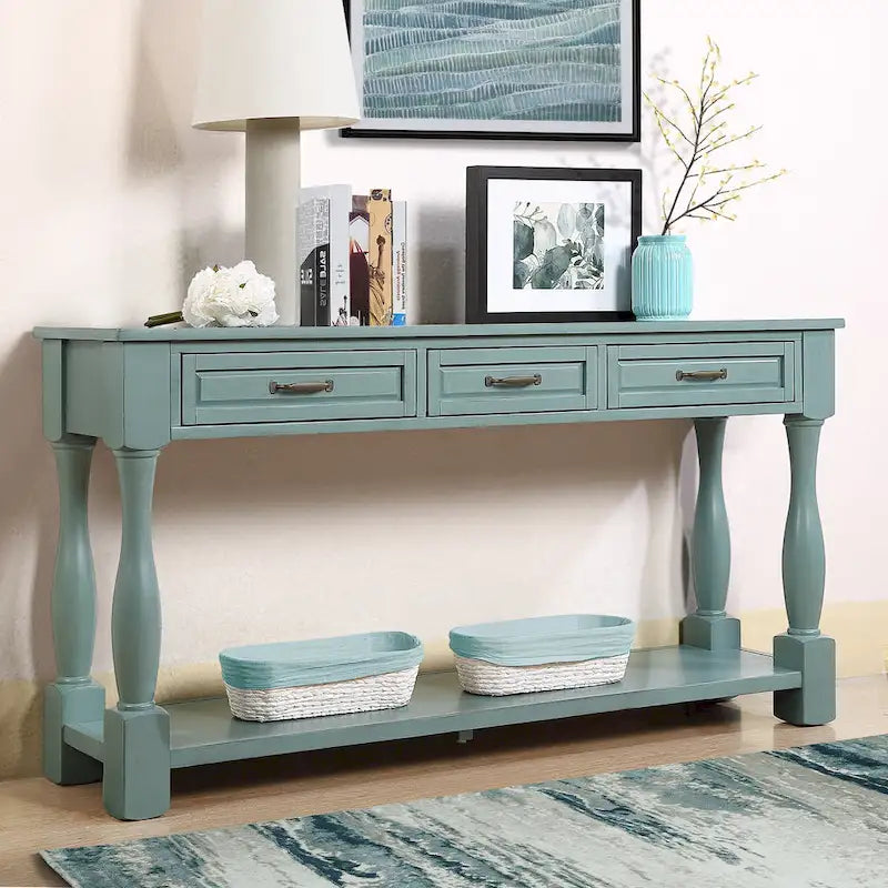 Console en bois de 160 cm de long avec 3 tiroirs et 1 étagère inférieure pour entrée/couloir Montage facile Table de canapé extra-épaisse
