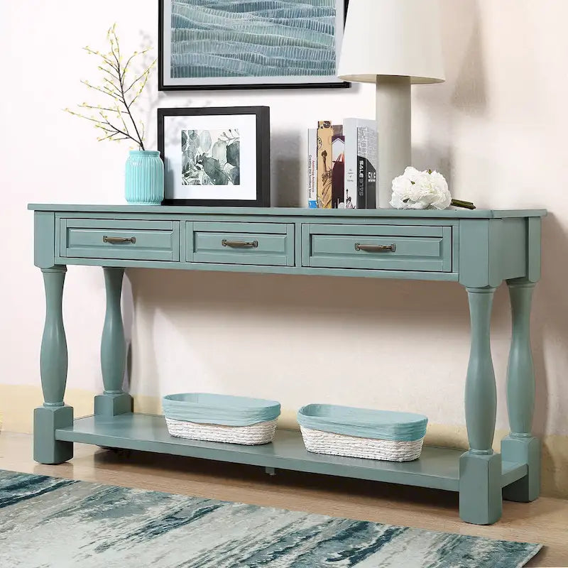 Console en bois de 160 cm de long avec 3 tiroirs et 1 étagère inférieure pour entrée/couloir Montage facile Table de canapé extra-épaisse