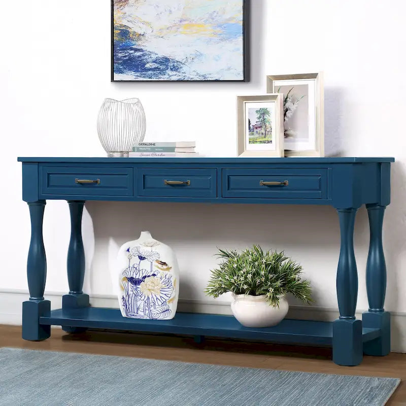 Console en bois de 160 cm de long avec 3 tiroirs et 1 étagère inférieure pour entrée/couloir Montage facile Table de canapé extra-épaisse