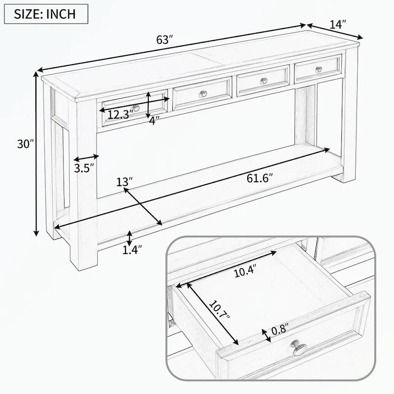 Console avec tiroirs de rangement et étagère inférieure