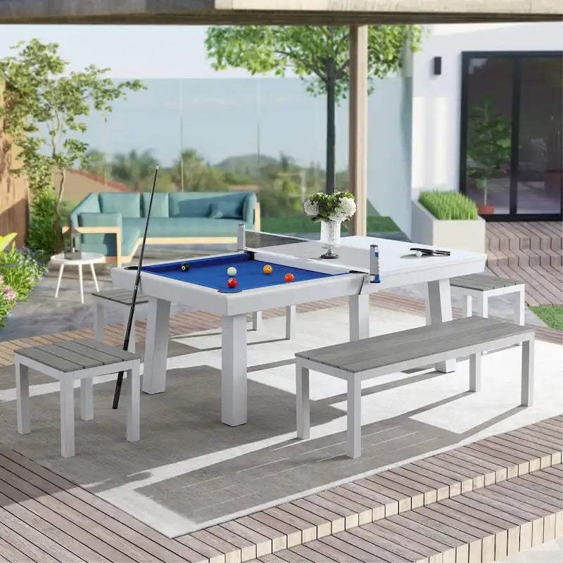 Table de billard Norwalk 2,13 m en ardoise, intérieure/extérieure, ensemble de salle à manger 6 places avec 4 bancs et accessoires, finition blanche