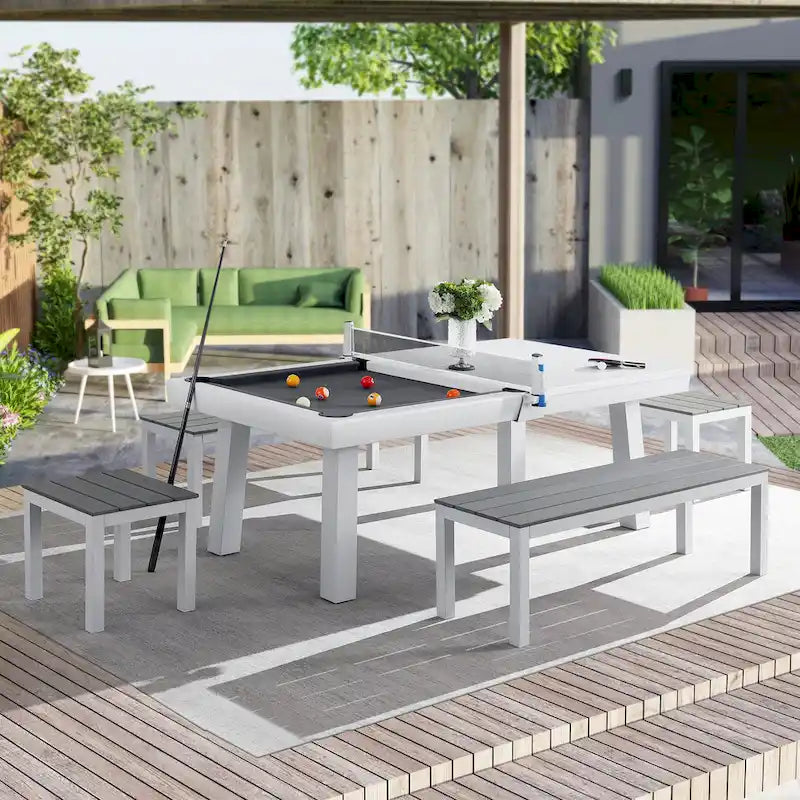 Table de billard Norwalk 2,13 m en ardoise, intérieure/extérieure, ensemble de salle à manger 6 places avec 4 bancs et accessoires, finition blanche