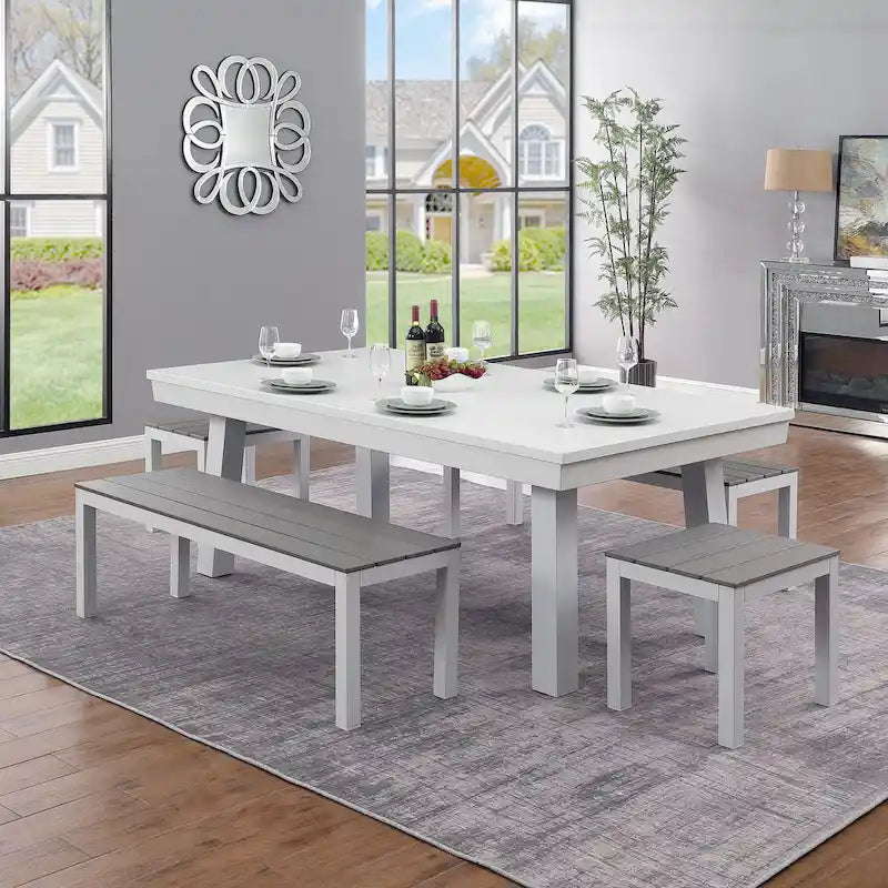 Table de billard Norwalk 2,13 m en ardoise, intérieure/extérieure, ensemble de salle à manger 6 places avec 4 bancs et accessoires, finition blanche