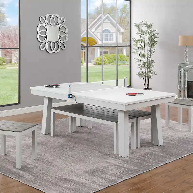 Table de billard Norwalk 2,13 m en ardoise, intérieure/extérieure, ensemble de salle à manger 6 places avec 4 bancs et accessoires, finition blanche