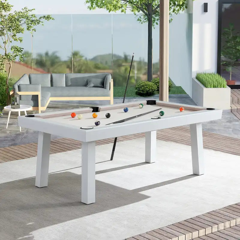 Table de billard Norwalk 2,13 m en ardoise, intérieure/extérieure, ensemble de salle à manger 6 places avec 4 bancs et accessoires, finition blanche