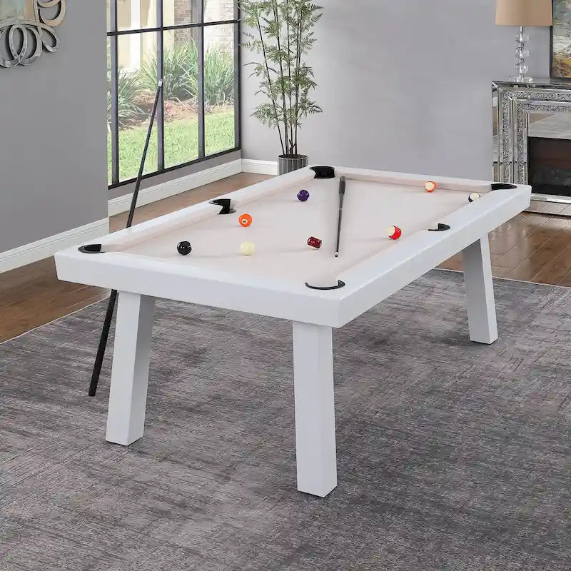Table de billard Norwalk 2,13 m en ardoise, intérieure/extérieure, ensemble de salle à manger 6 places avec 4 bancs et accessoires, finition blanche