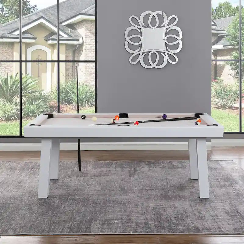 Table de billard Norwalk 2,13 m en ardoise, intérieure/extérieure, ensemble de salle à manger 6 places avec 4 bancs et accessoires, finition blanche