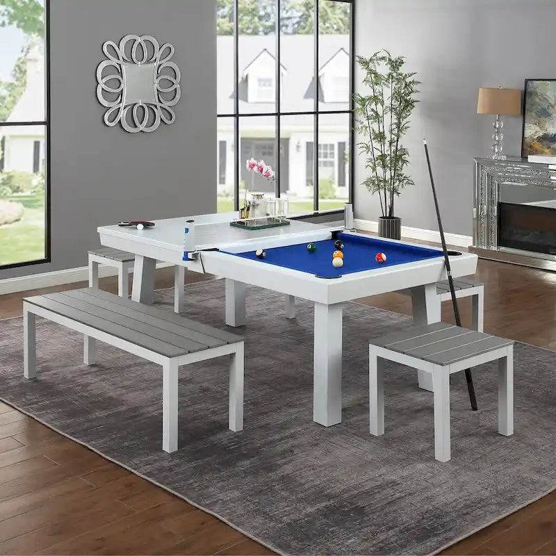 Table de billard Norwalk 2,13 m en ardoise, intérieure/extérieure, ensemble de salle à manger 6 places avec 4 bancs et accessoires, finition blanche