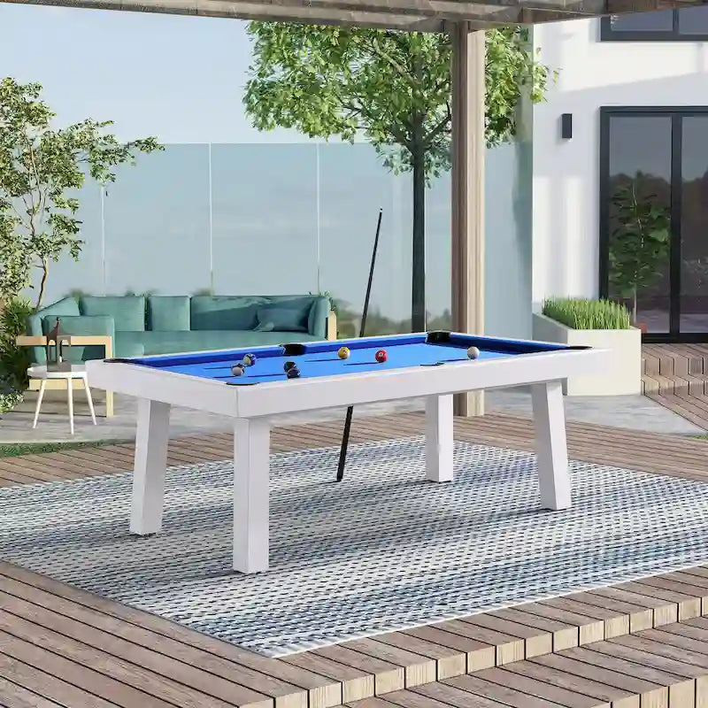 Table de billard Norwalk 2,13 m en ardoise, intérieure/extérieure, ensemble de salle à manger 6 places avec 4 bancs et accessoires, finition blanche