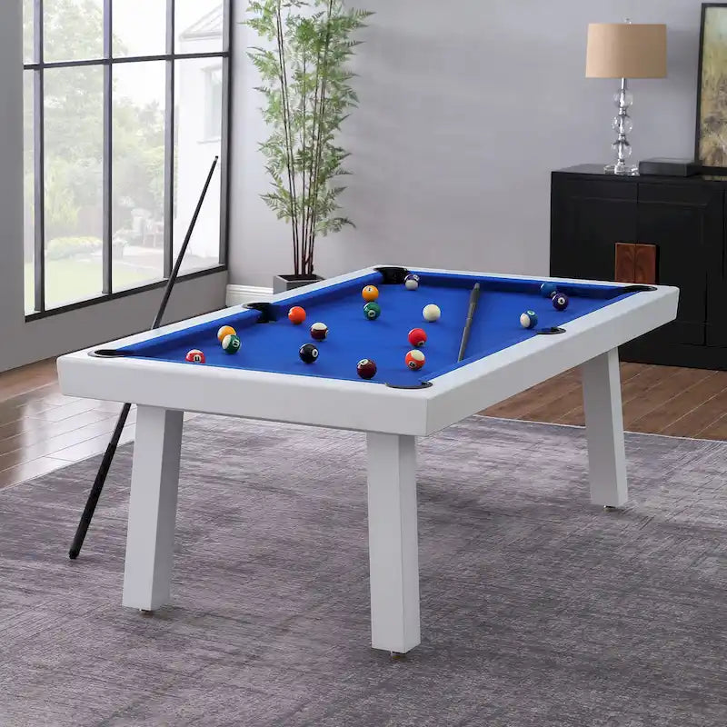 Table de billard Norwalk 2,13 m en ardoise, intérieure/extérieure, ensemble de salle à manger 6 places avec 4 bancs et accessoires, finition blanche