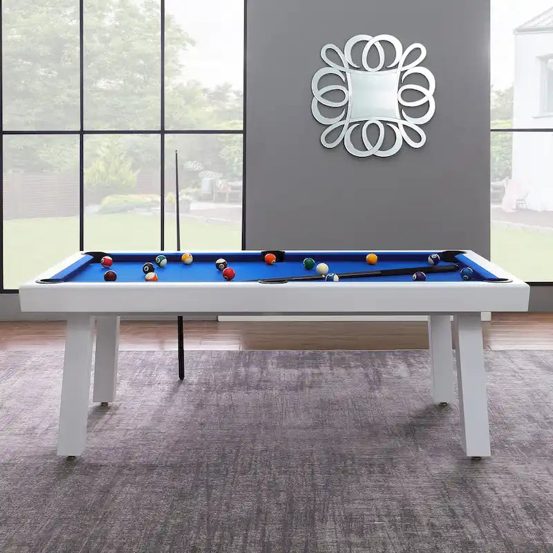 Table de billard Norwalk 2,13 m en ardoise, intérieure/extérieure, ensemble de salle à manger 6 places avec 4 bancs et accessoires, finition blanche