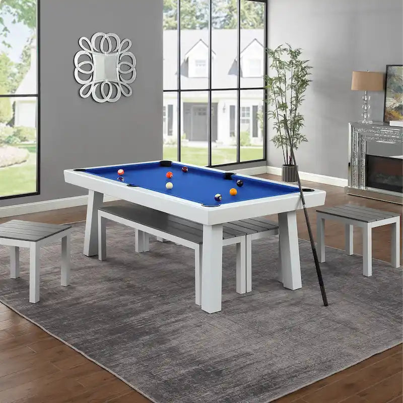 Table de billard Norwalk 2,13 m en ardoise, intérieure/extérieure, ensemble de salle à manger 6 places avec 4 bancs et accessoires, finition blanche
